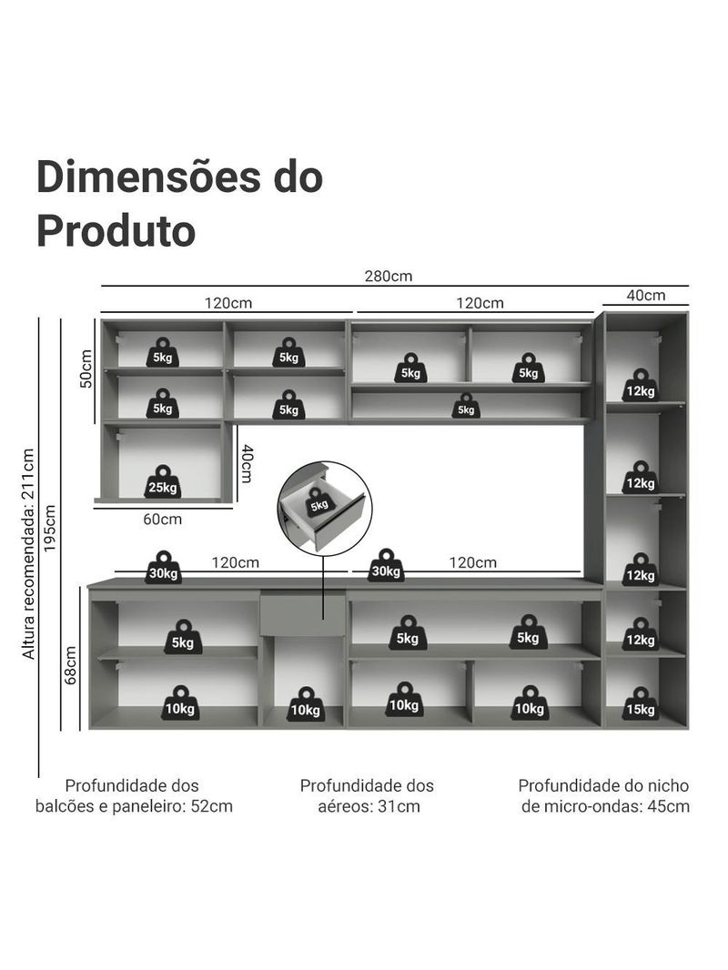 Armário de cozinha completa 280 cm suspensa  nice madesa 04