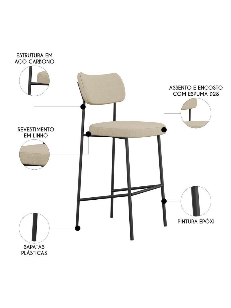 Banqueta Alta Bar Estofada Kit 2 Milli Linho Areia A14 - Mpozenato