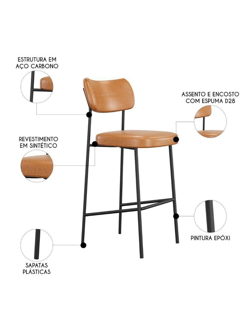 Banqueta Alta Bar Estofada Kit 8 Milli Sintético Caramelo A14 - Mpozenato