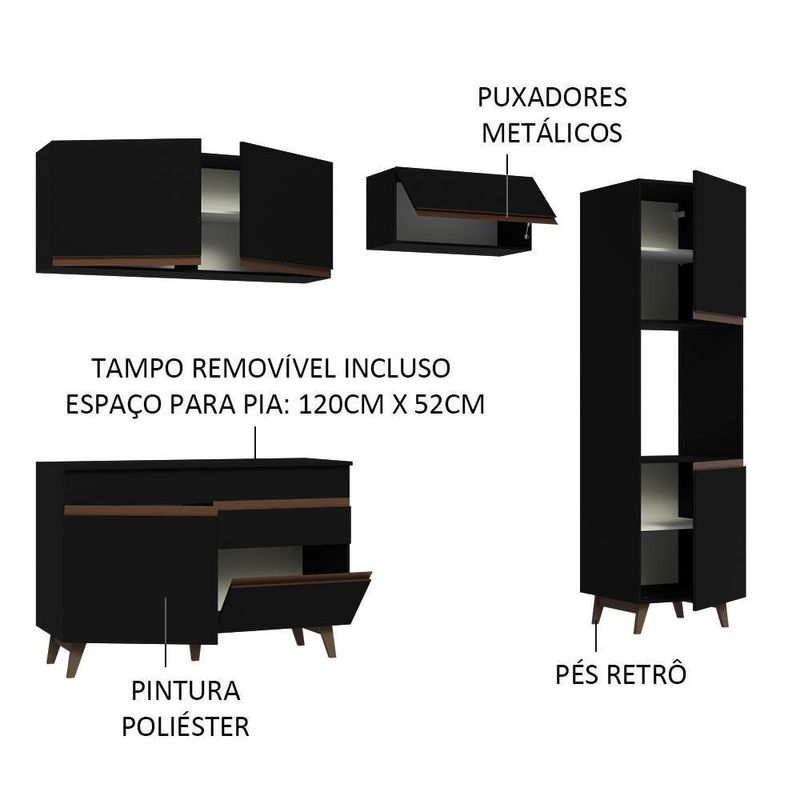 Armário de cozinha completa 250cm preto reims madesa 06