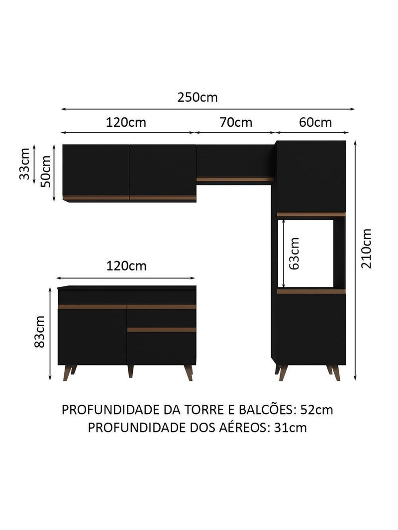 Armário de cozinha completa 250cm preto reims madesa 06