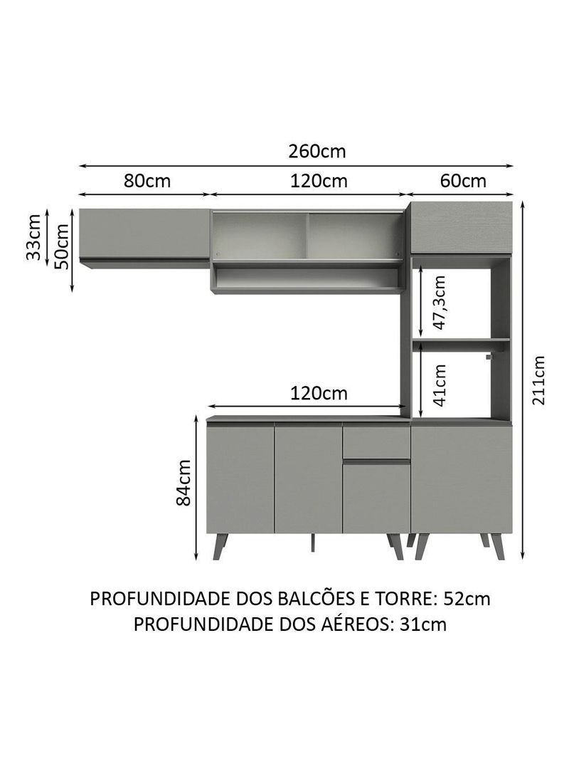 Armário de cozinha completa 260cm cinza nice madesa 04
