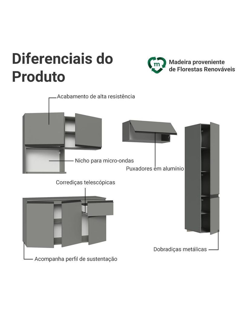 Armário de cozinha completa 240 cm suspensa cinza nice madesa 09