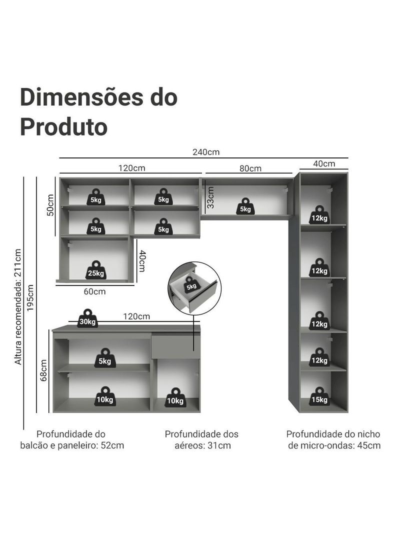 Armário de cozinha completa 240 cm suspensa cinza nice madesa 09