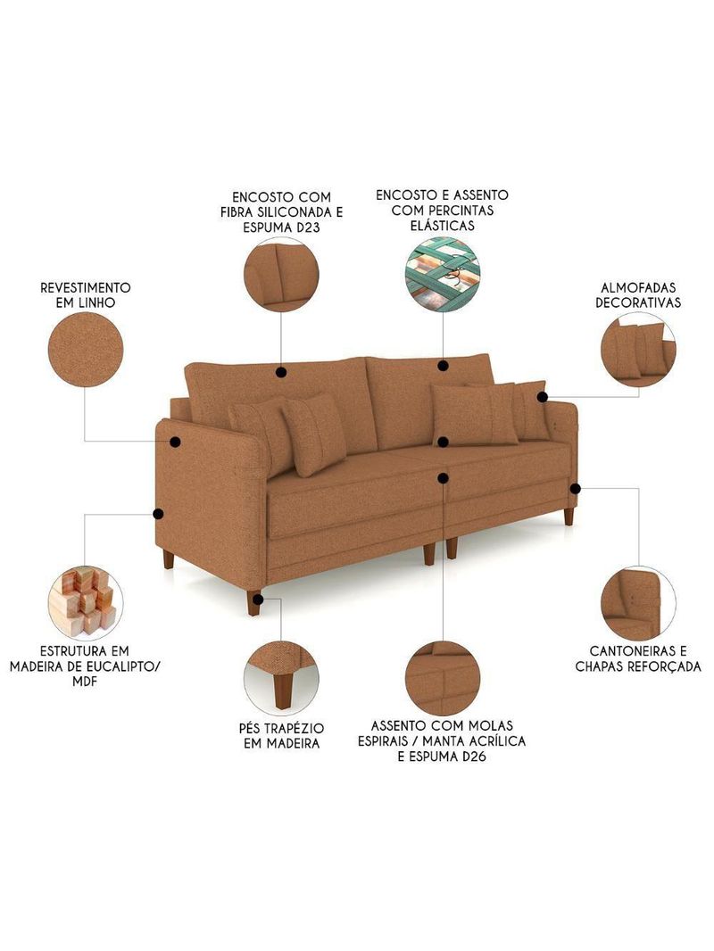 Sofá 3 Lugares Living 212cm Pé Madeira Zoe Linho Terracota Z08 - Mpozenato