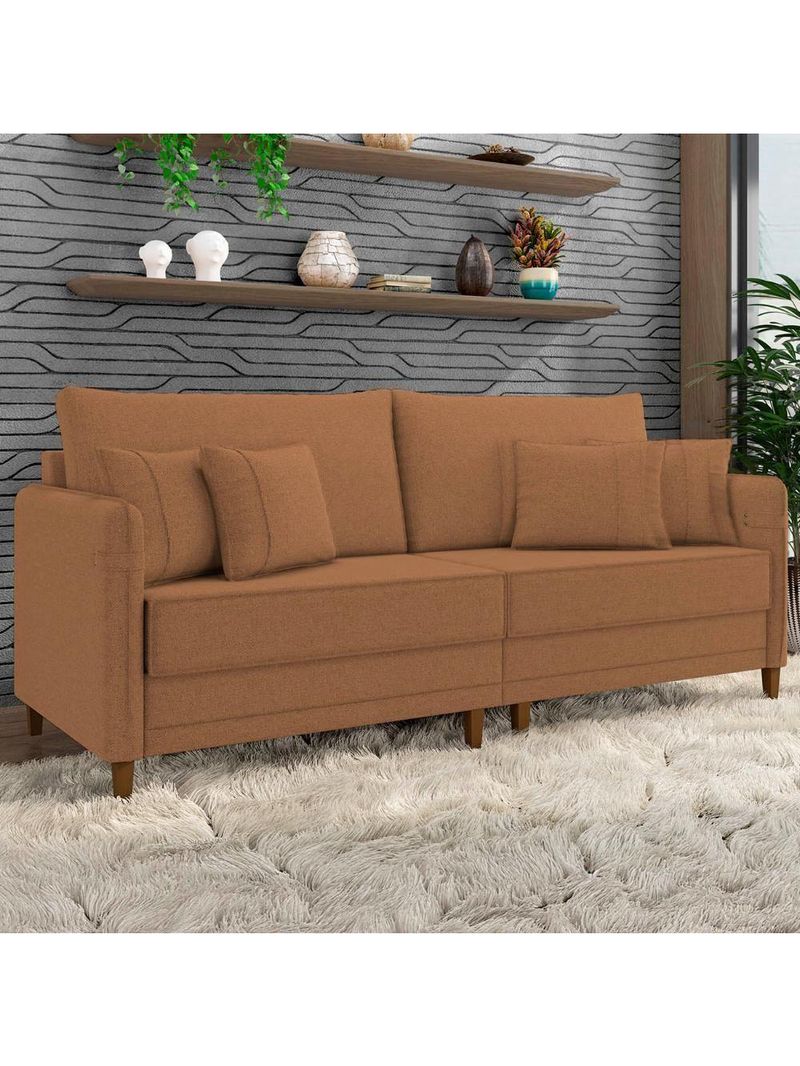 Sofá 3 Lugares Living 212cm Pé Madeira Zoe Linho Terracota Z08 - Mpozenato