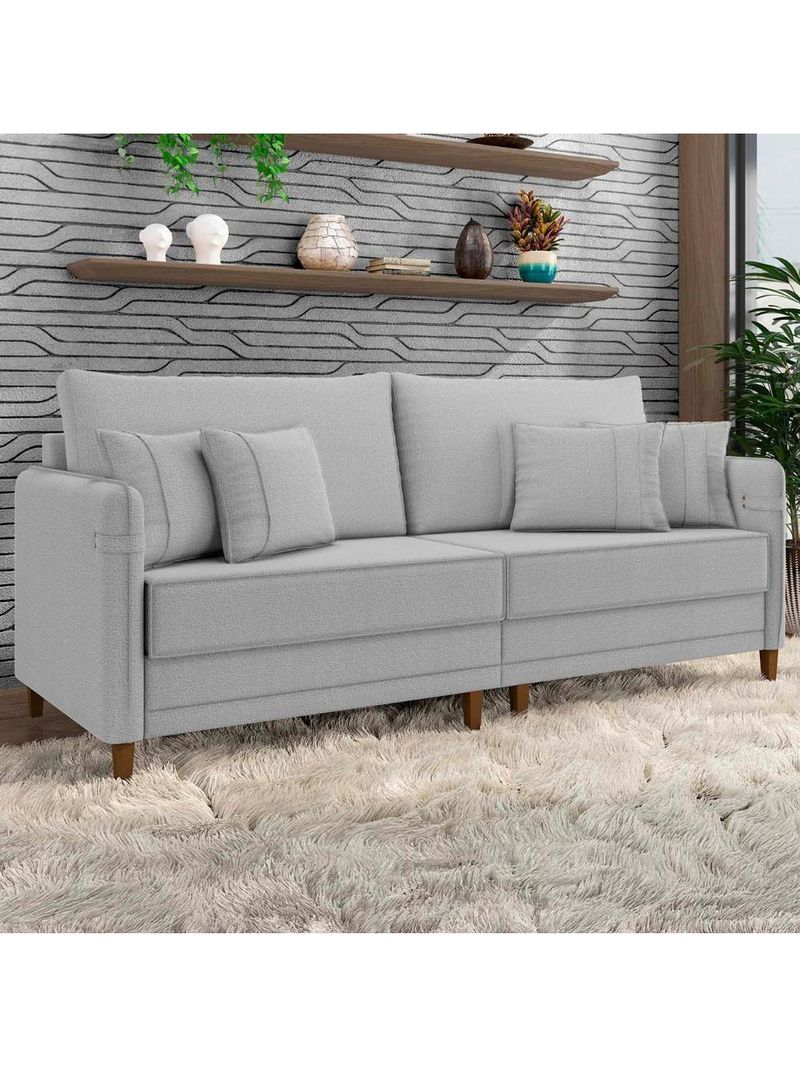 Sofá 3 Lugares Living 192cm Pé Madeira Zoe Boucle Cinza Z08 - Mpozenato