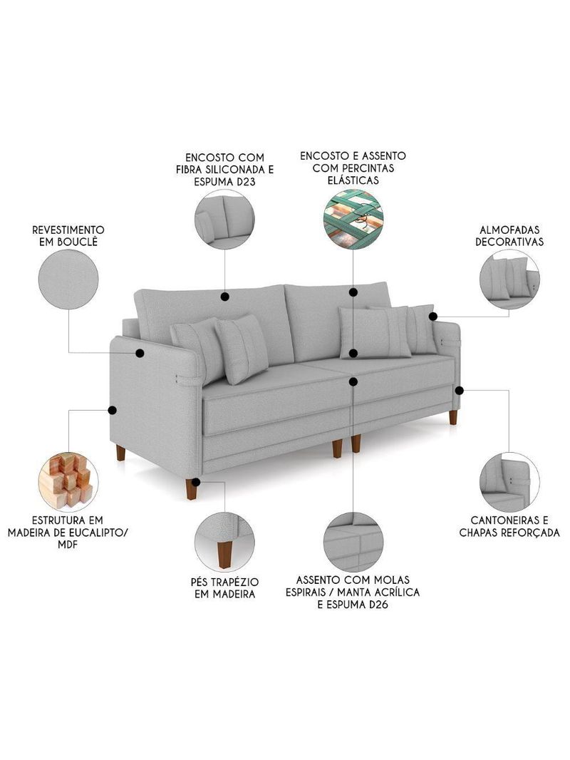 Sofá 3 Lugares Living 192cm Pé Madeira Zoe Boucle Cinza Z08 - Mpozenato