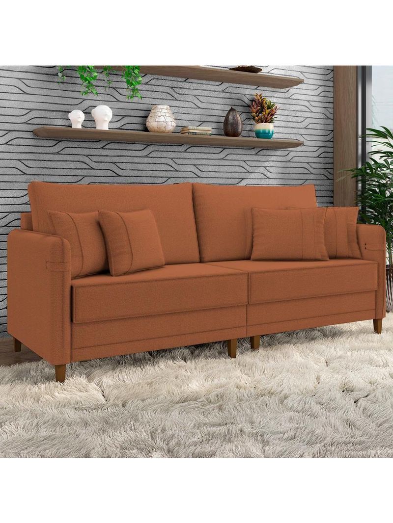 Sofá 3 Lugares Living 212cm Pé Madeira Zoe Boucle Terracota Z08 - Mpozenato