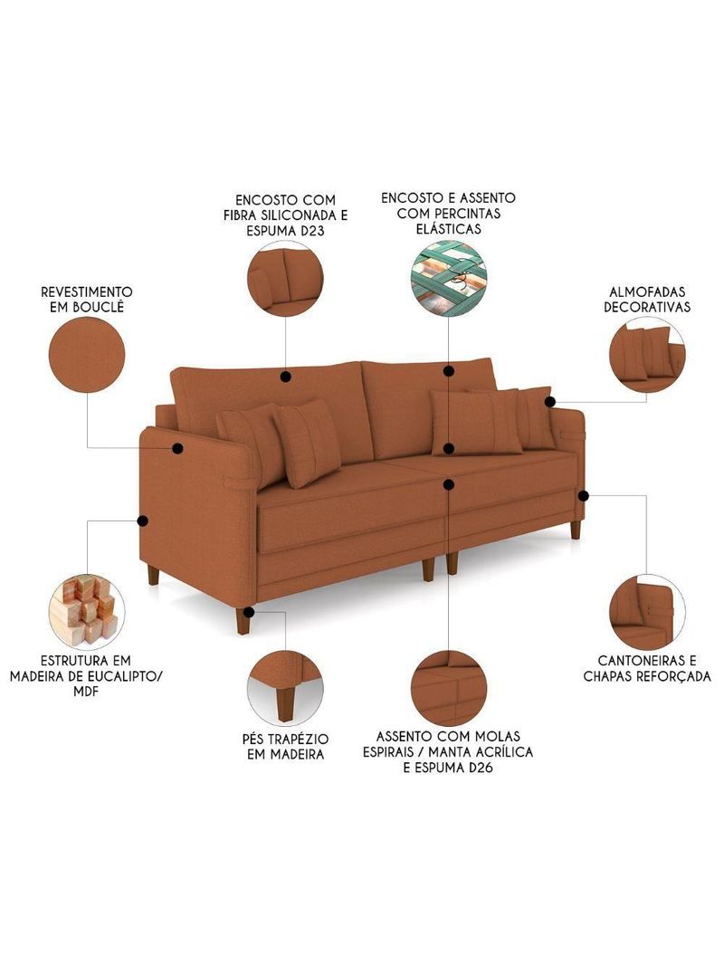 Sofá 3 Lugares Living 212cm Pé Madeira Zoe Boucle Terracota Z08 - Mpozenato