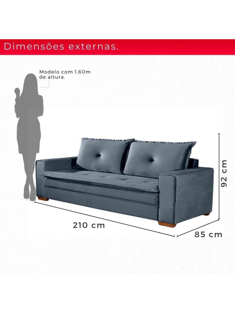 Sofá Fixo De 3 Lugares Unique 2,10m - Tudo De Móveis Cinza