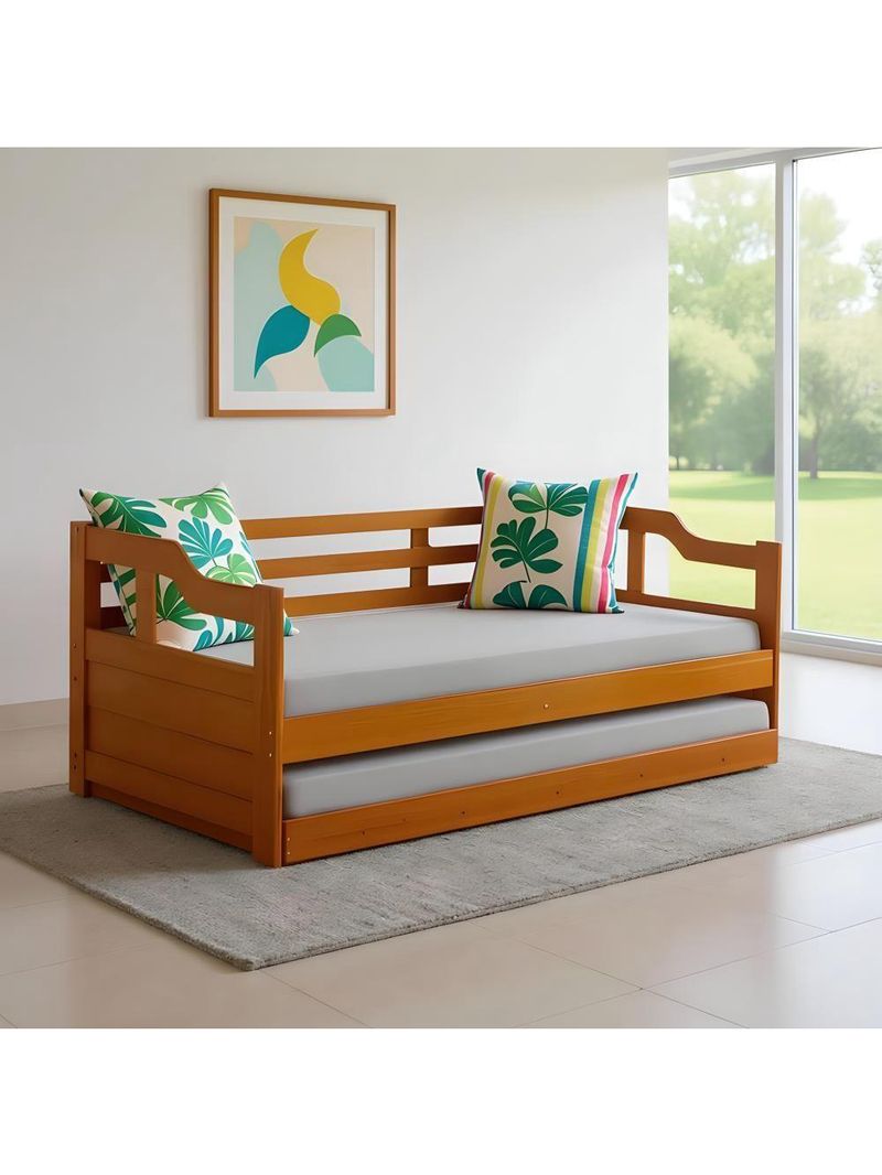 Sofá Cama De Madeira Maciça 2 Lugares Com Cama Auxiliar Castanho