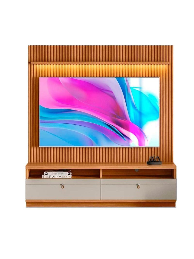 Painel Com Rack Para Tv Até 75 Polegadas Ripado Nature Off White