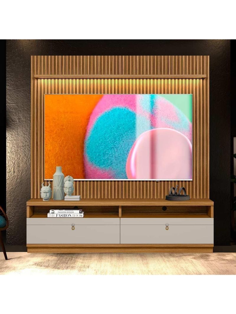 Painel Com Rack Para Tv Até 75 Polegadas Ripado Nature Off White