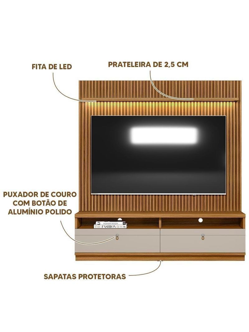 Painel Com Rack Para Tv Até 75 Polegadas Ripado Nature Off White