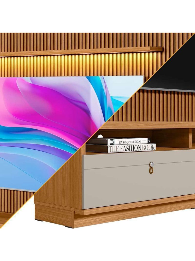 Painel Com Rack Para Tv Até 75 Polegadas Ripado Nature Off White