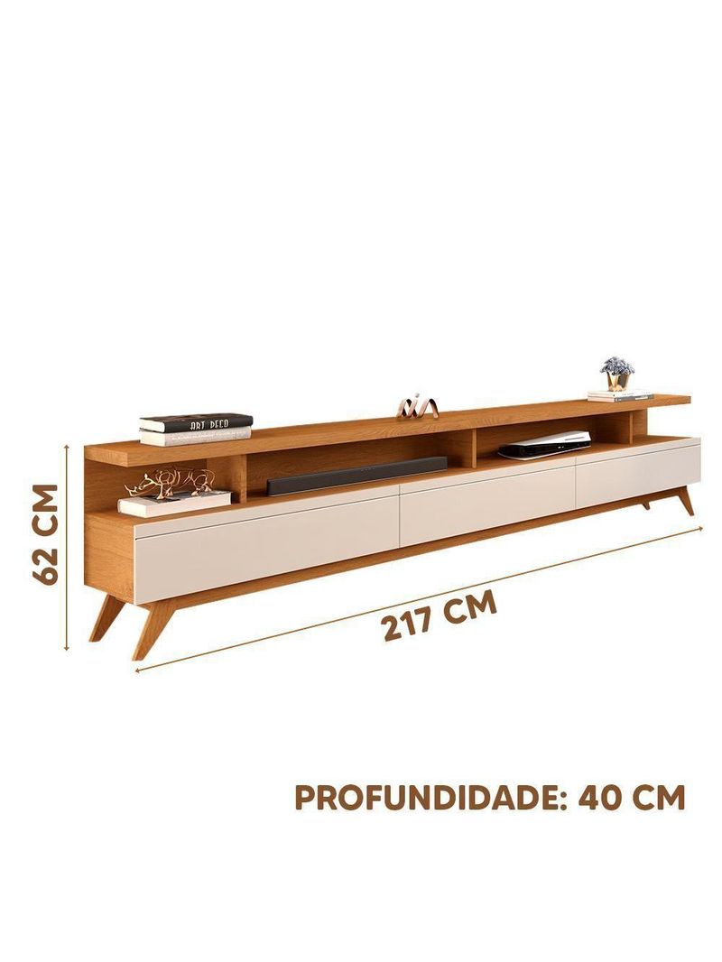 Rack Tv 75 Polegadas Pés Madeira Nature Off White Repleta