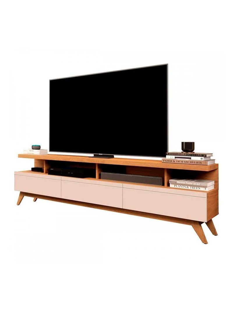 Rack Moderno Até 70 Pol 3 Gavetas E Pés Em Madeira Nature Off White Nature/off White