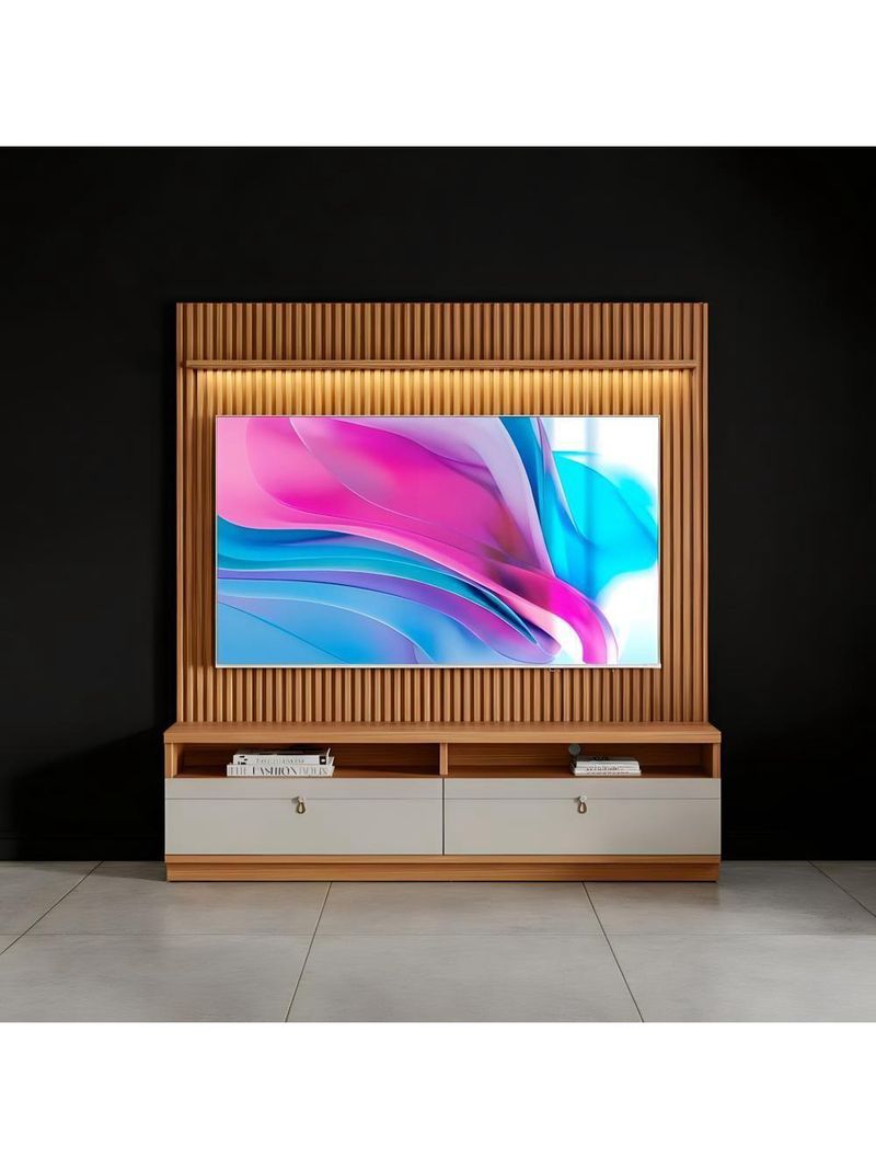 Painel Rack Com Led Ripado Para Tv Até 75 Polegadas 2 Nichos - Nature/off White