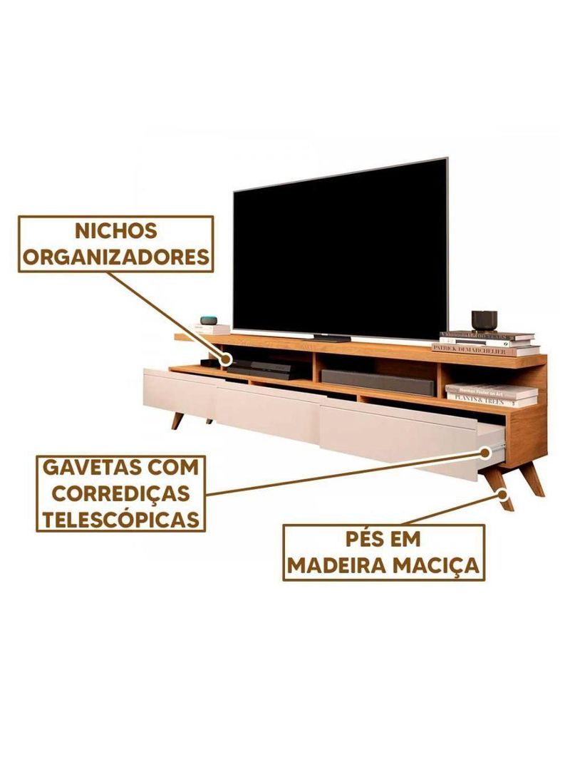 Rack Moderno Até 70 Pol 3 Gavetas E Pés Em Madeira Nature Off White Nature/off White
