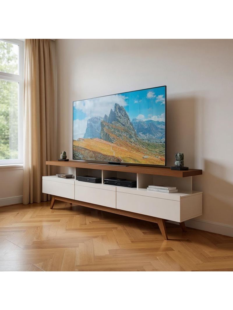 Rack Aparador 3 Gavetas Para Tv At&eacute; 70&Prime; Com P&eacute;s De Madeira - Wood Off White/freijo