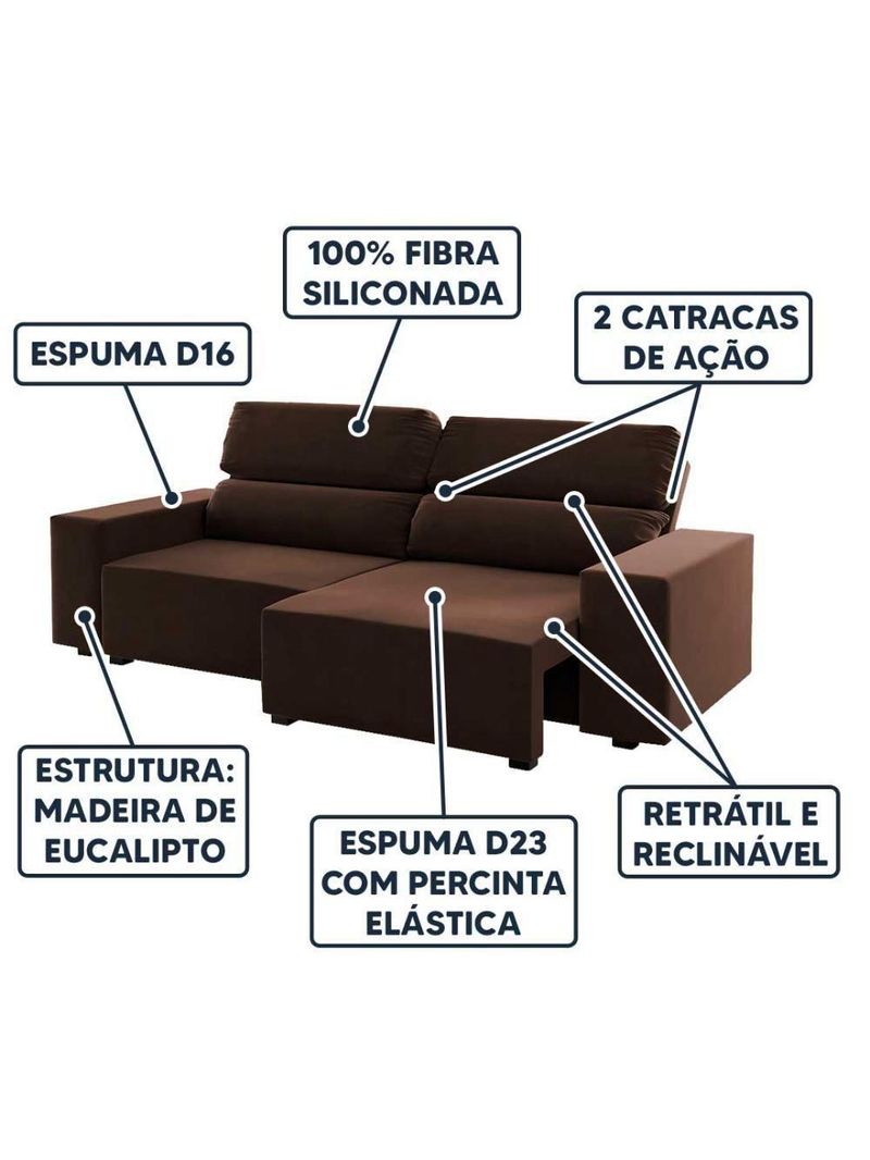 Sofá 3 Lugares Retrátil Encosto Reclinável Veludo 5 Posições Marrom Bombom