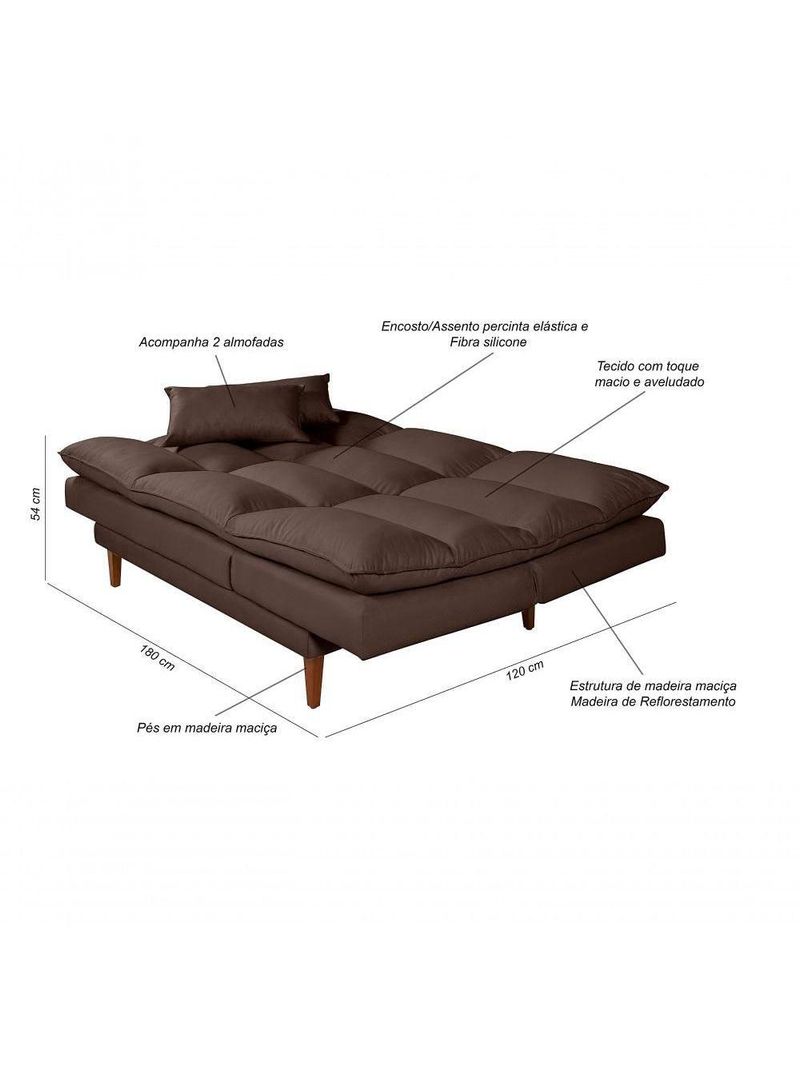 Sofá Cama Vancouver 3 Lugares Império Reclinável Casal Pés Madeira Suede Marrom 379