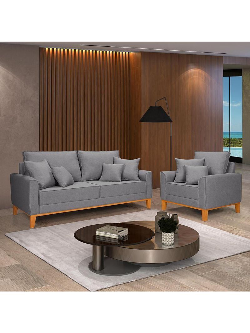 Kit Sofá Beny + 2 Poltronas Para Sala Confortável Linho Cinza Claro