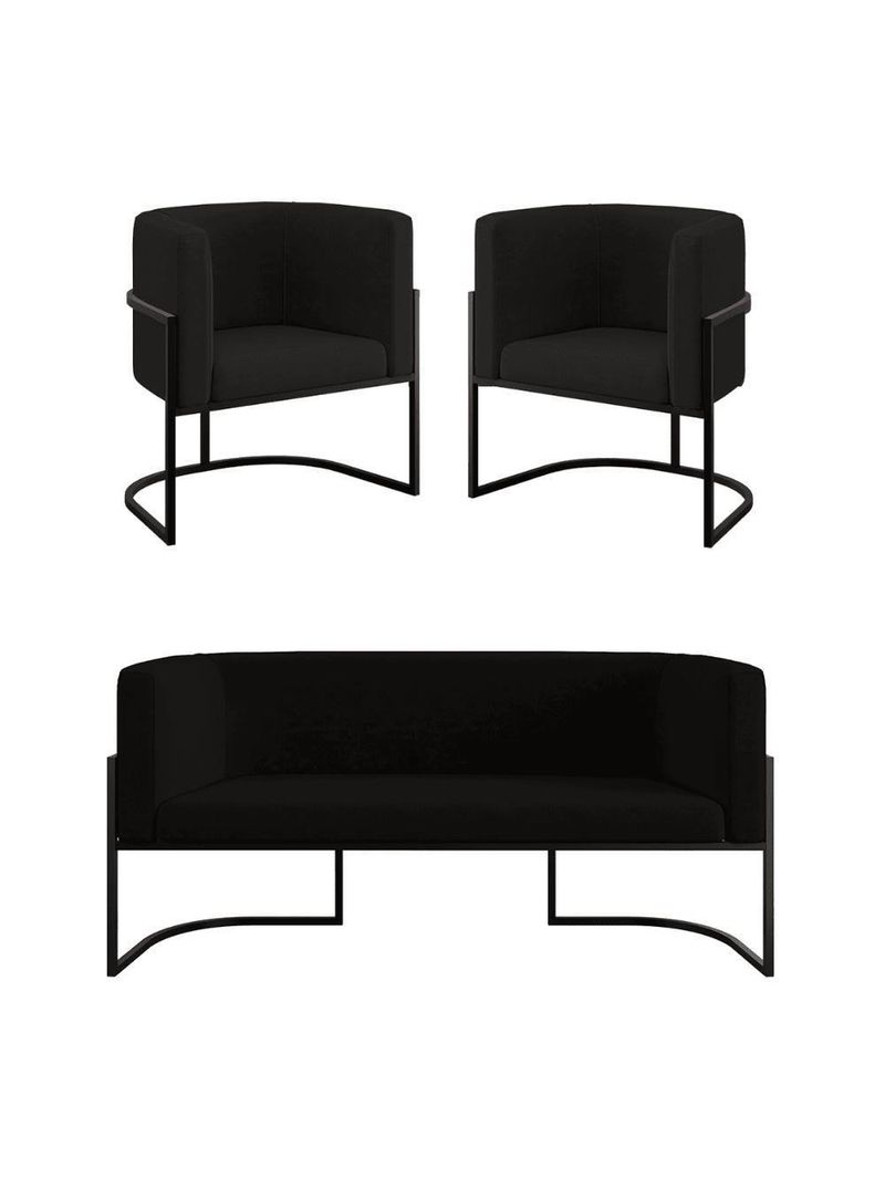 Kit 2 Poltronas + Sofá 2 Lugares Base De Metal Black Balaqui Preto