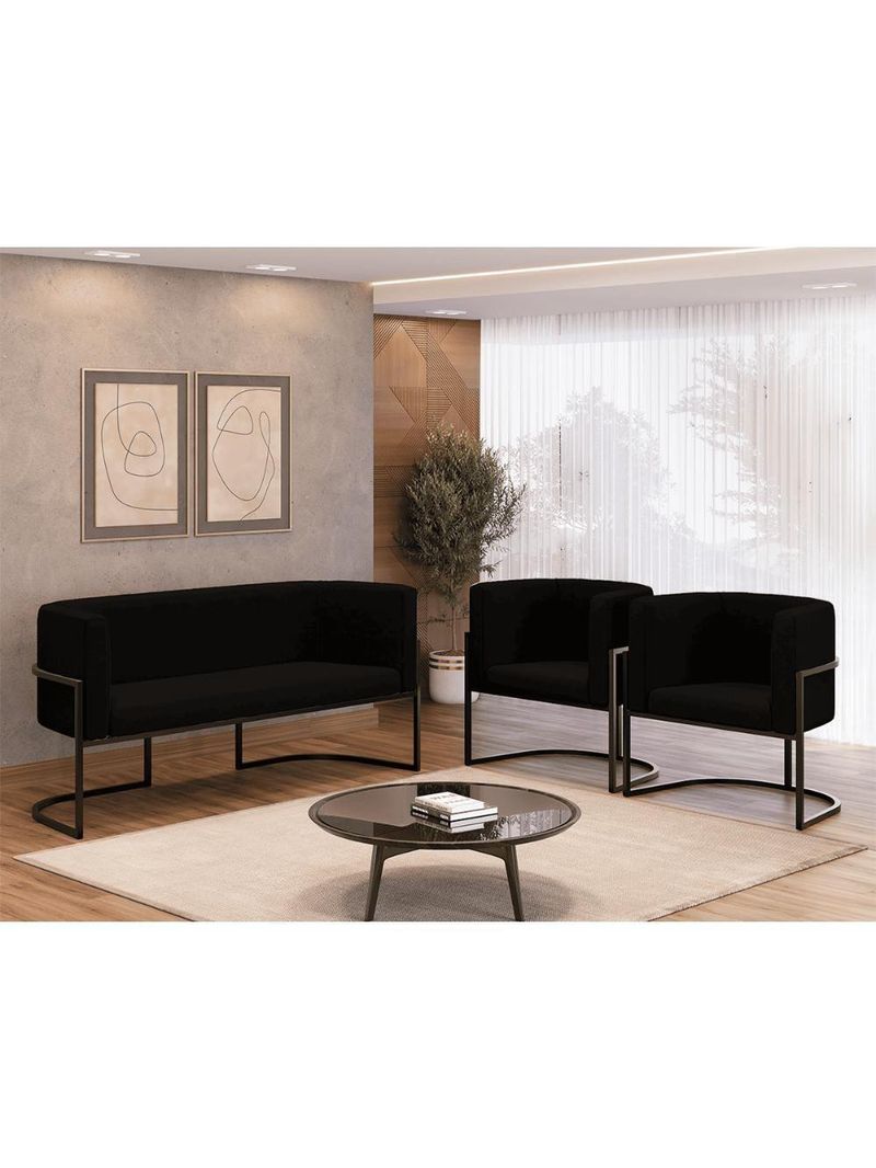 Kit 2 Poltronas + Sofá 2 Lugares Base De Metal Black Balaqui Preto