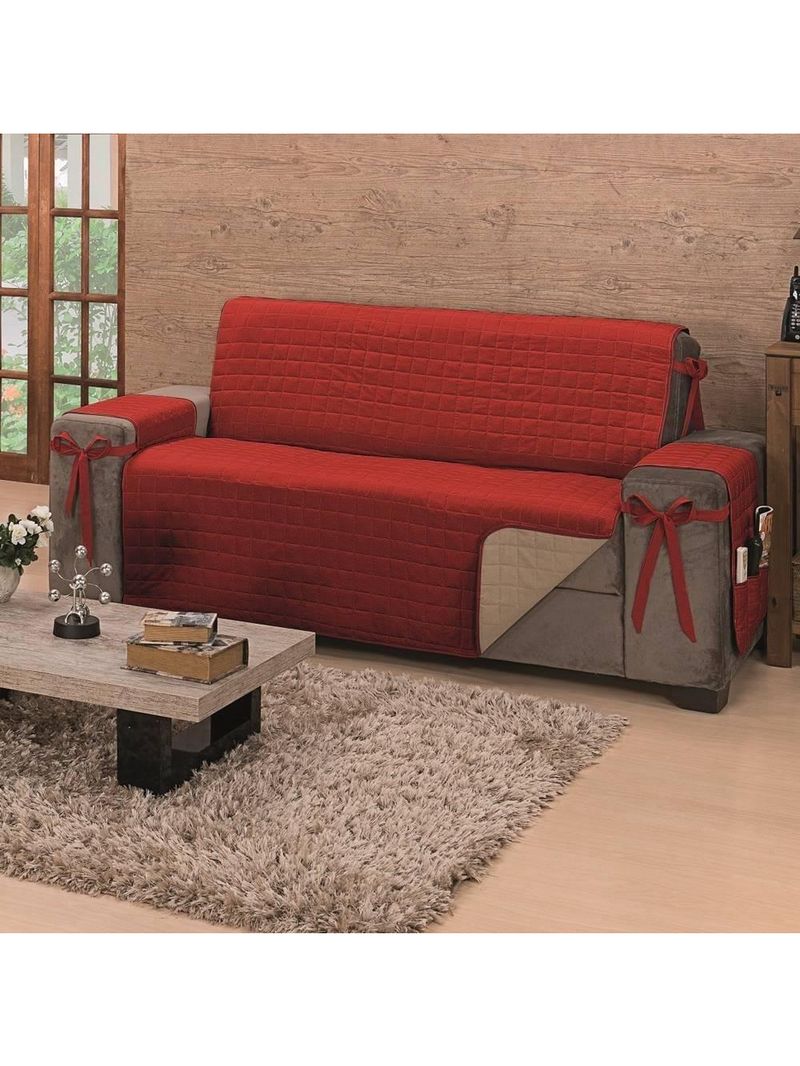 Protetor De Sofá Dupla Face Premium 3 Lugares - Vermelho-cáqui