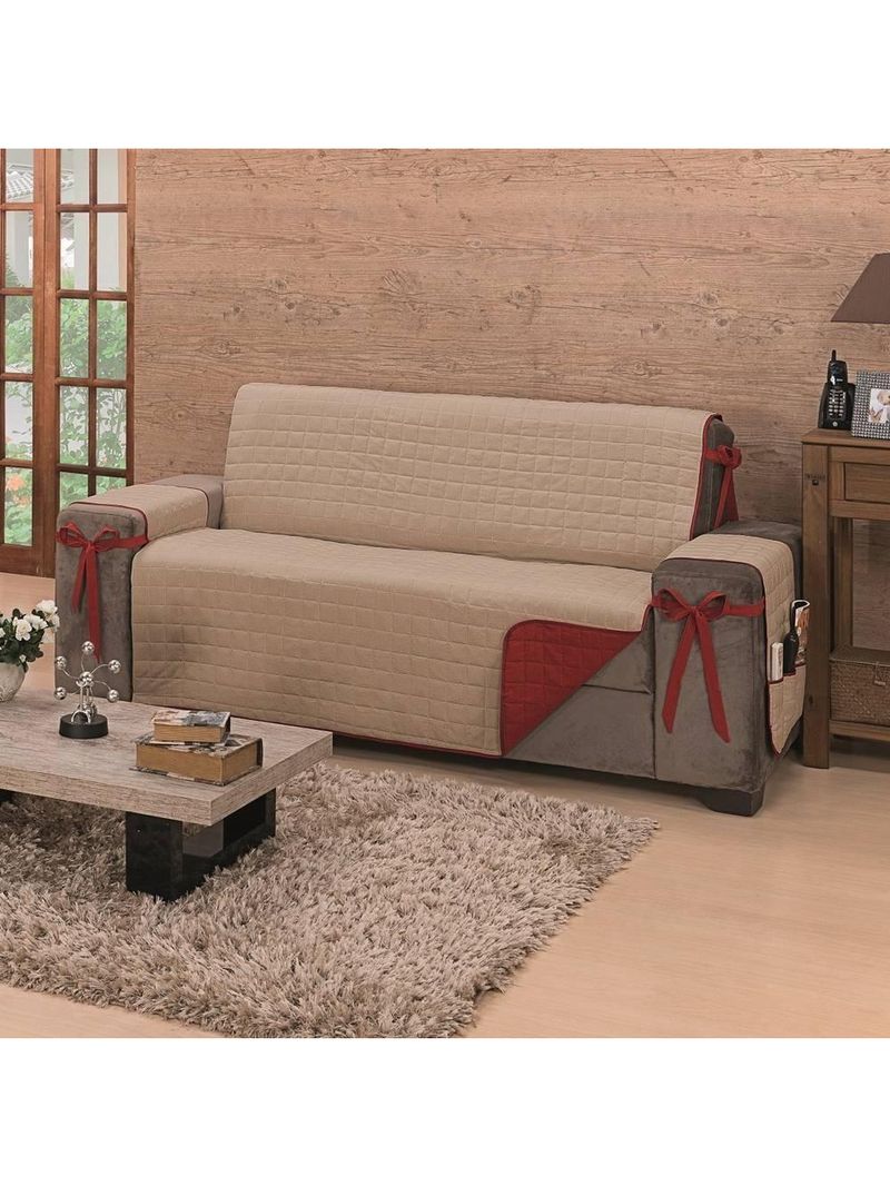 Protetor De Sofá Dupla Face Premium 3 Lugares - Vermelho-cáqui