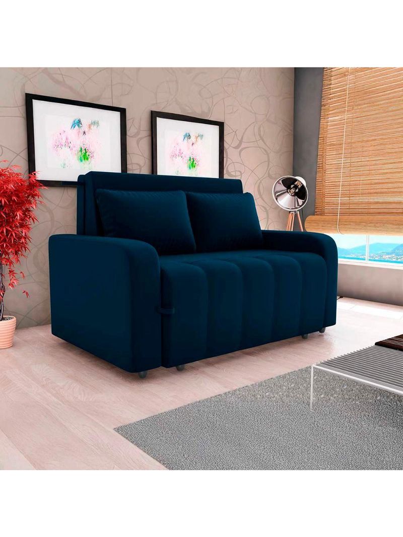 Sofá Cama Compacto 2 Lugares 1,38 Larg Amora New Matrix Veludo Azul