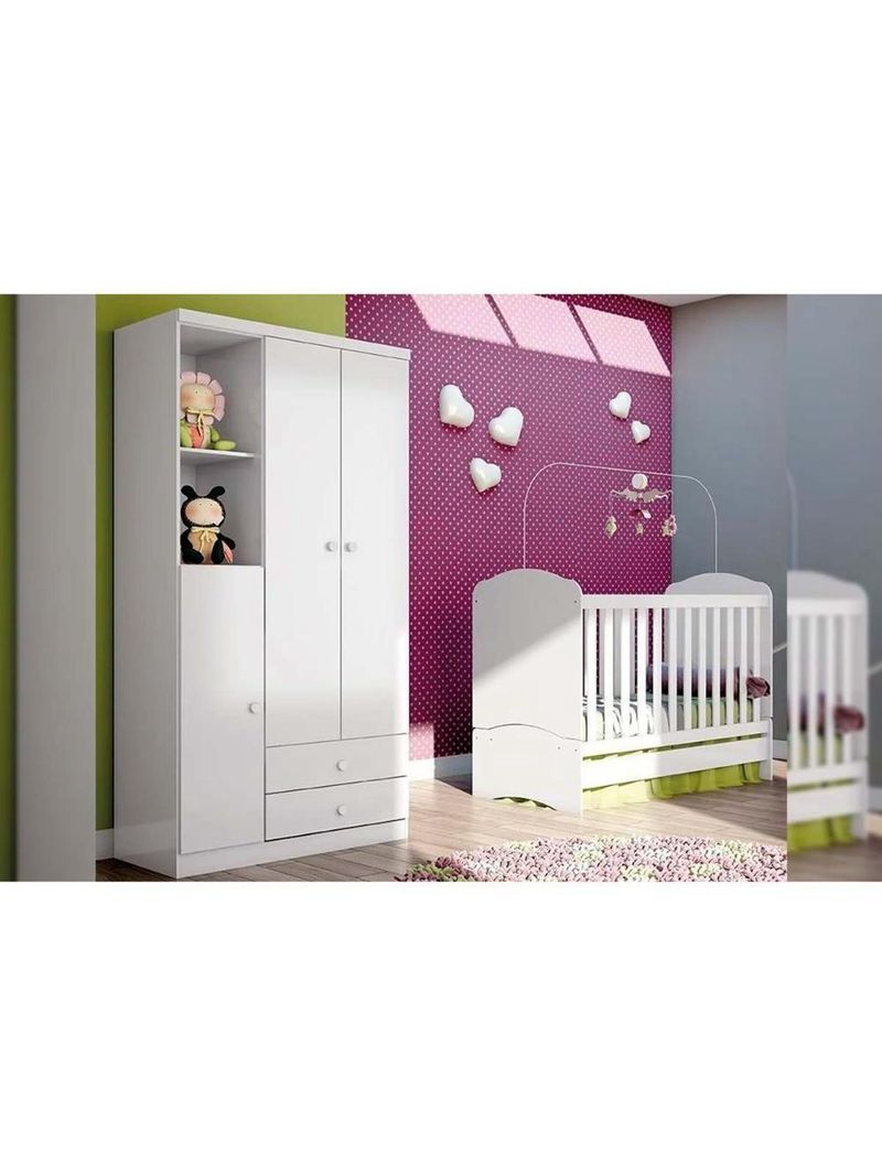 Quarto De Bebê Completo Bala De Menta 2 Peças (1 Guarda Roupa + 1 Berço) Qi94 Branco - Henn