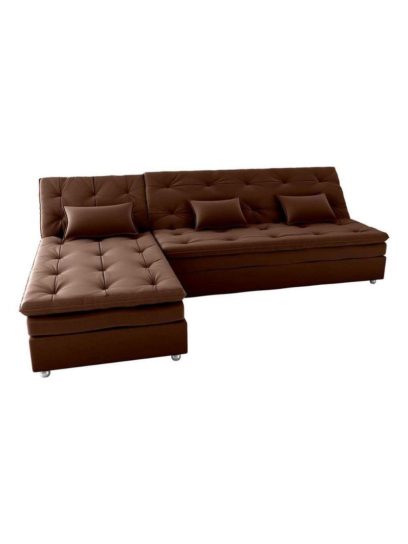 Conjunto Sofá Cama 3 Lugares Com Pillow Top E Chaise Penelope Matrix Veludo Marrom