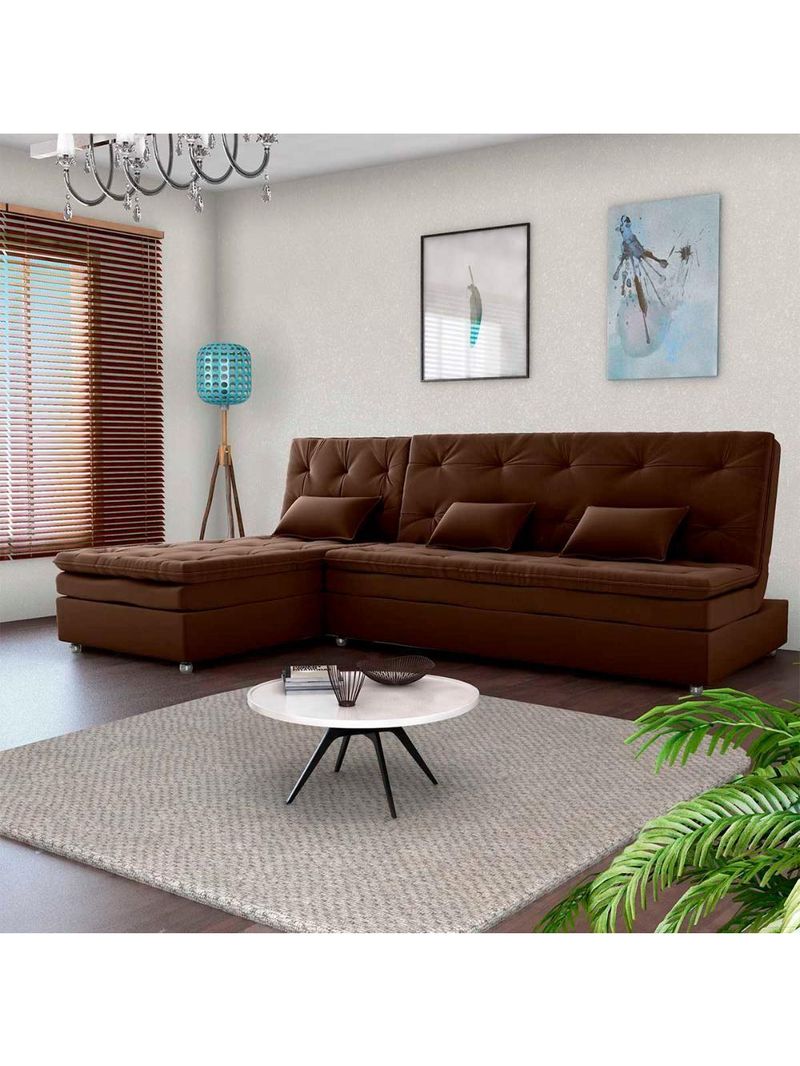 Conjunto Sofá Cama 3 Lugares Com Pillow Top E Chaise Penelope Matrix Veludo Marrom