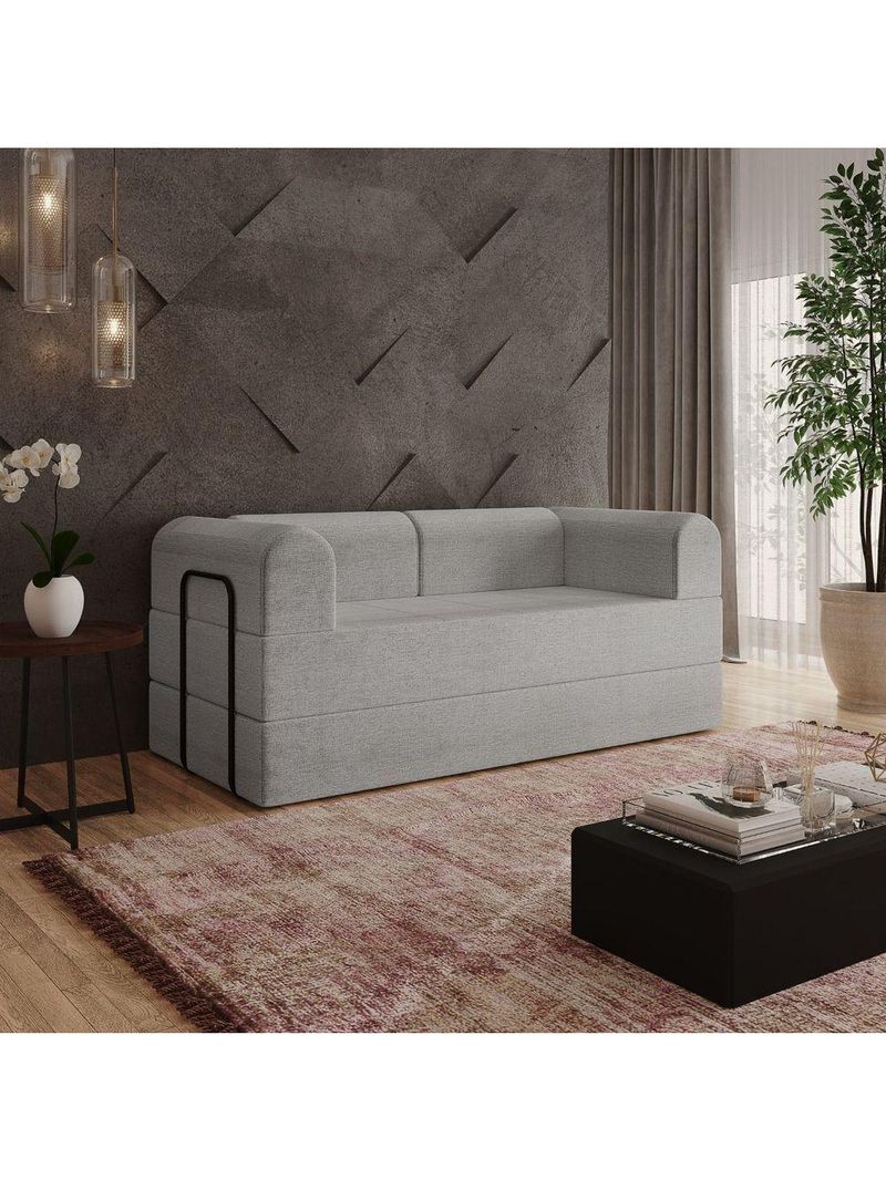 Sofá Na Caixa Modular 2 Lugares Linho Bege Maya Para Sala Cinza
