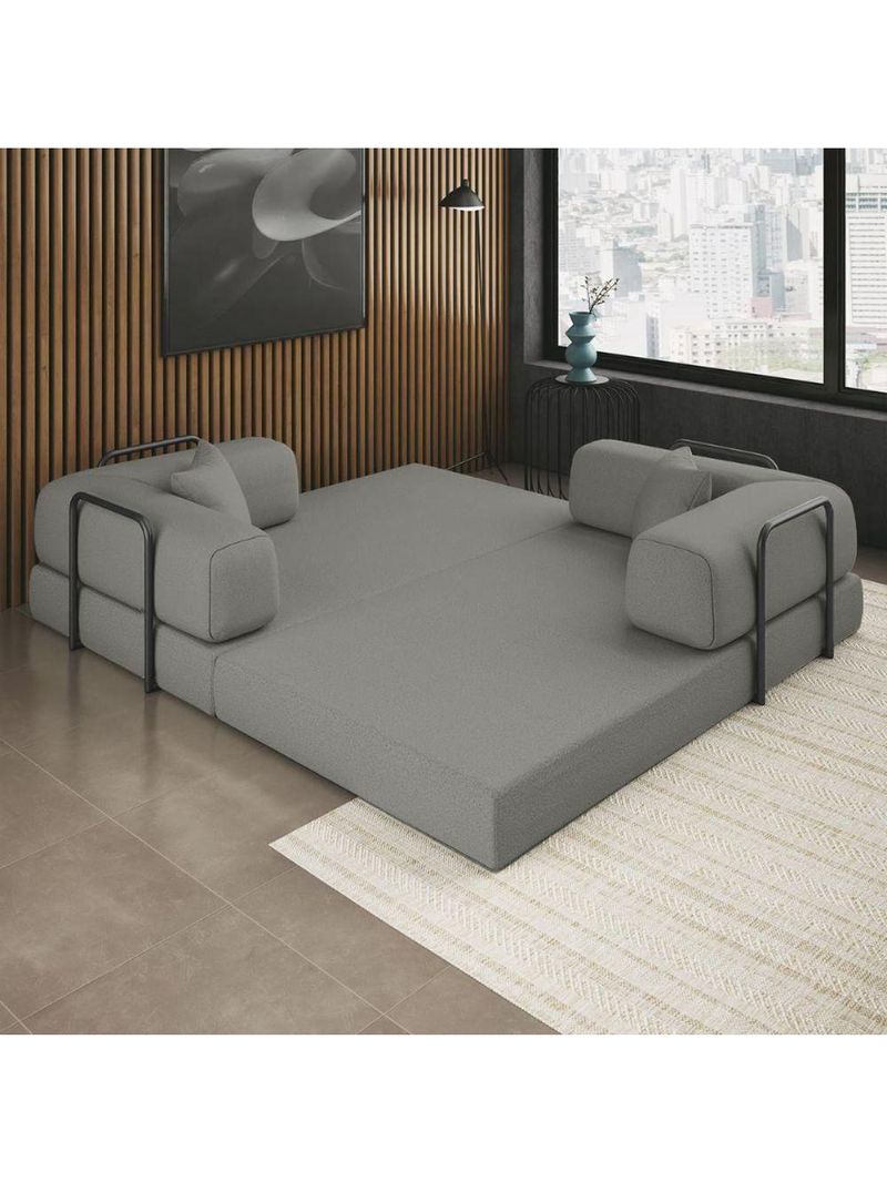 Sofá Na Caixa Modular 2 Lugares Linho Bege Maya Para Sala Cinza