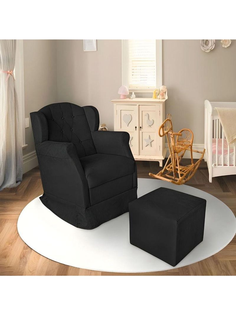 Poltrona Amamentação Com Balanço E Puff Luxo Suede Manuela Preto