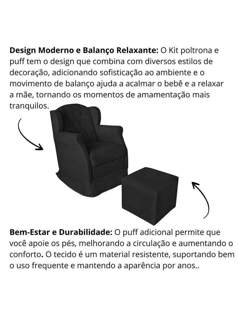 Poltrona Amamentação Com Balanço E Puff Luxo Suede Manuela Preto