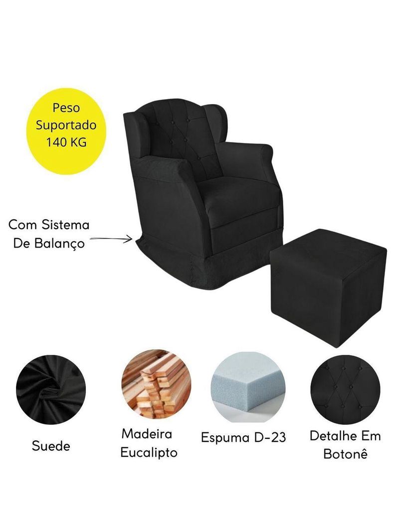 Poltrona Amamentação Com Balanço E Puff Luxo Suede Manuela Preto