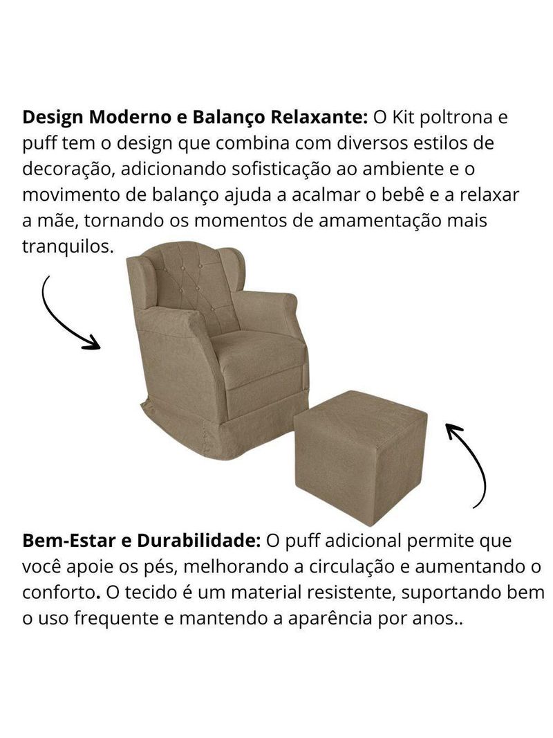 Poltrona Amamentação Com Balanço E Puff Luxo Suede Manuela Bege Escuro