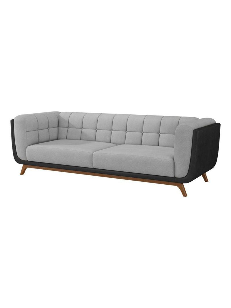 Sofá 3 Lugares 240cm Com Pés Em Madeira Linha Premium Compose Linho Cinza E Corino Preto Sala Luxo