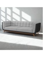 Sofá 3 Lugares 240cm Com Pés Em Madeira Linha Premium Compose Linho Cinza E Corino Preto Sala Luxo
