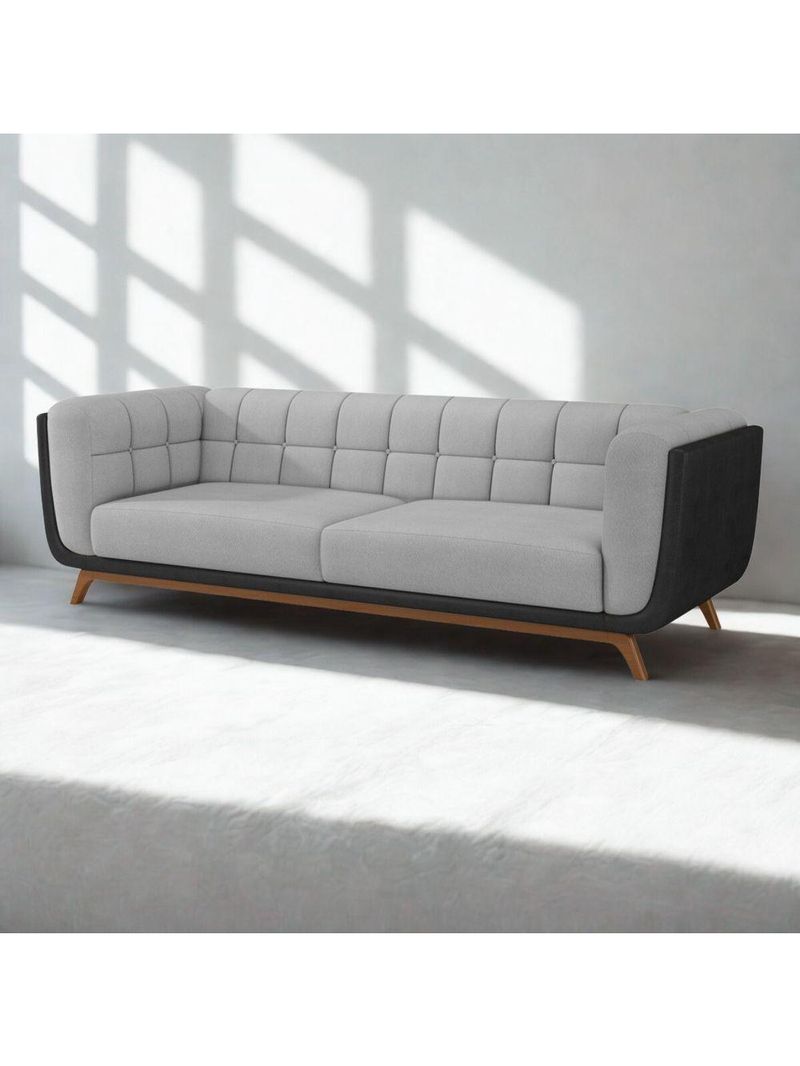 Sofá 3 Lugares 240cm Com Pés Em Madeira Linha Premium Compose Linho Cinza E Corino Preto Sala Luxo