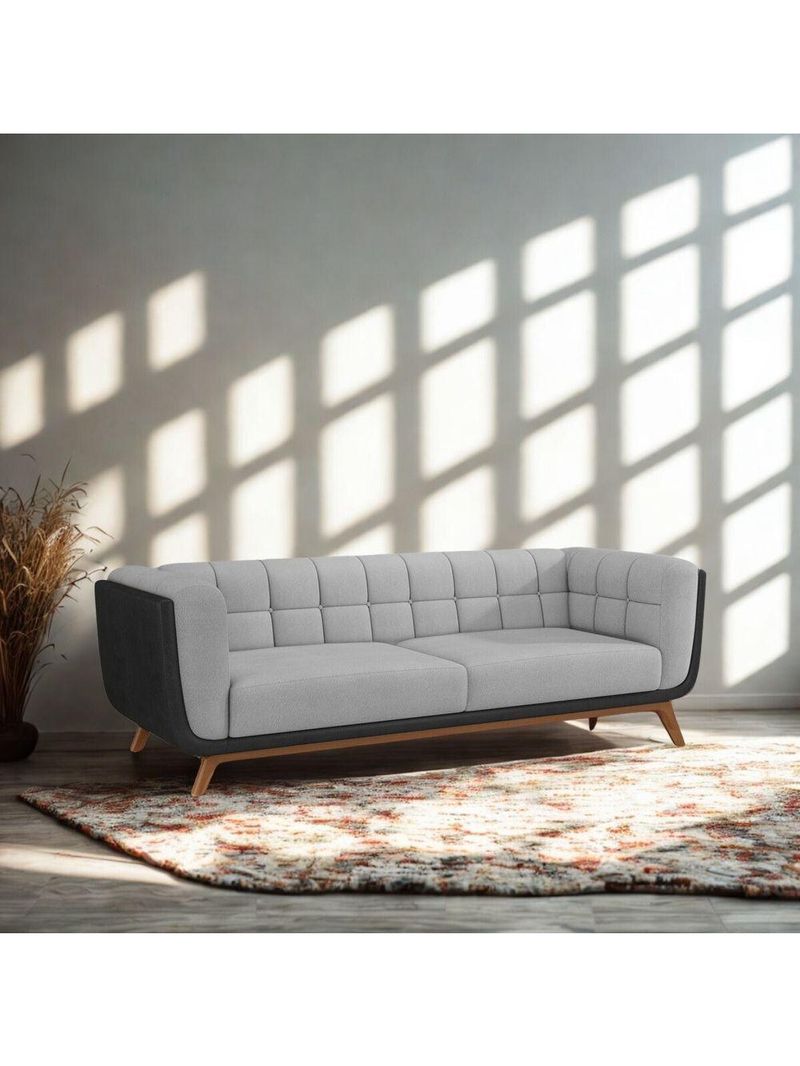 Sofá 3 Lugares 240cm Com Pés Em Madeira Linha Premium Compose Linho Cinza E Corino Preto Sala Luxo