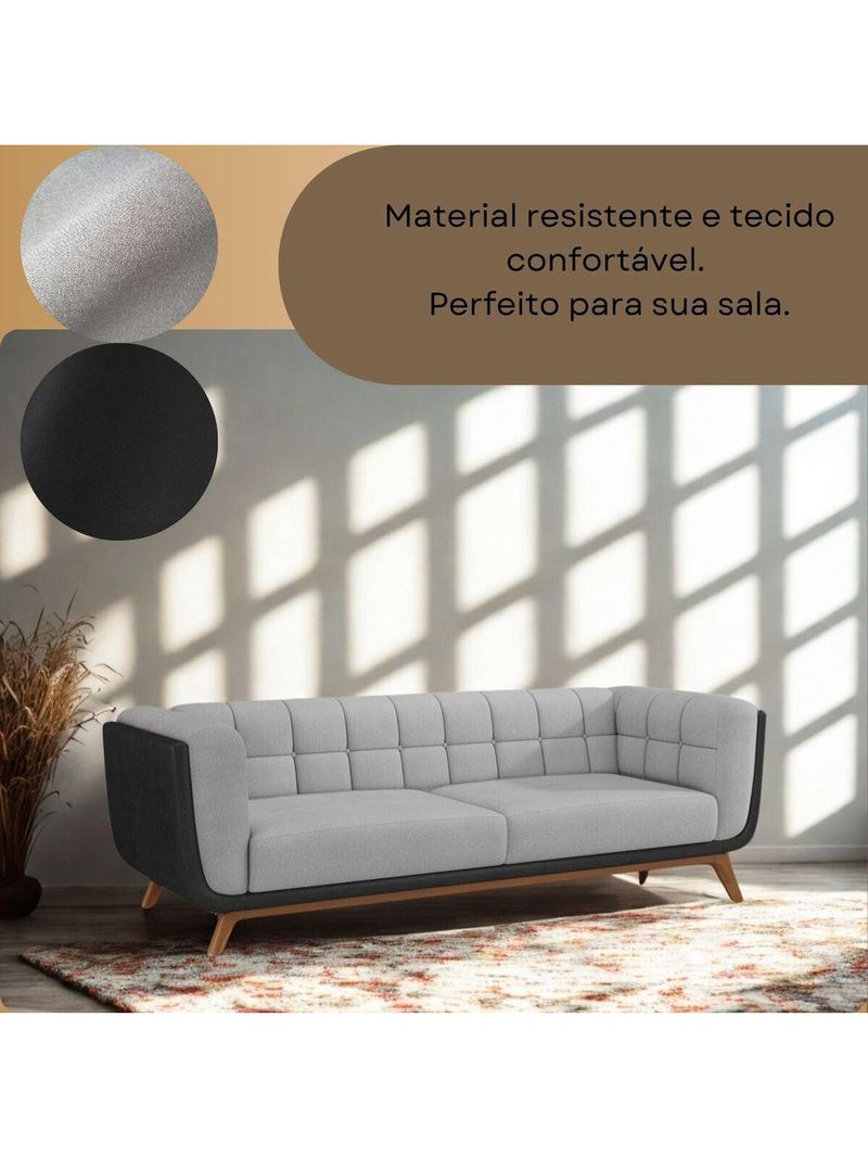 Sofá 3 Lugares 240cm Com Pés Em Madeira Linha Premium Compose Linho Cinza E Corino Preto Sala Luxo