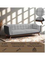 Sofá 3 Lugares 240cm Com Pés Em Madeira Linha Premium Compose Linho Cinza E Corino Preto Sala Luxo