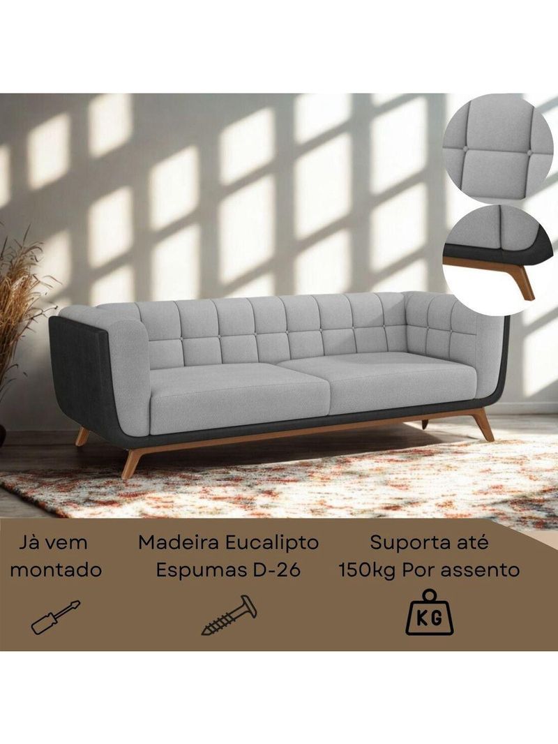 Sofá 3 Lugares 240cm Com Pés Em Madeira Linha Premium Compose Linho Cinza E Corino Preto Sala Luxo