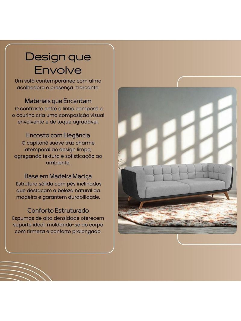 Sofá 3 Lugares 240cm Com Pés Em Madeira Linha Premium Compose Linho Cinza E Corino Preto Sala Luxo